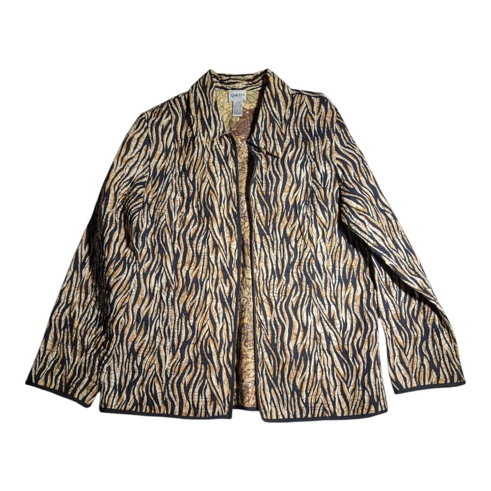 Vtg 1990s Chico's Beige Quilted Zebra Print Open Front Casual Jacket Sz 2 M